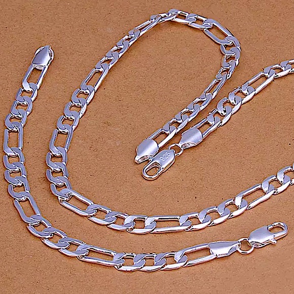 SILVER CUBAN FIGARO CHAIN LINK NECKLACE + BRACELET STERLING STMP .925  SET - Picture 2 of 7